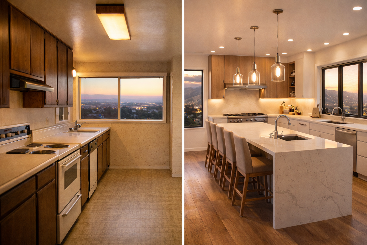 Kitchen remodel before and after in San Fernando Valley by NP Line Design